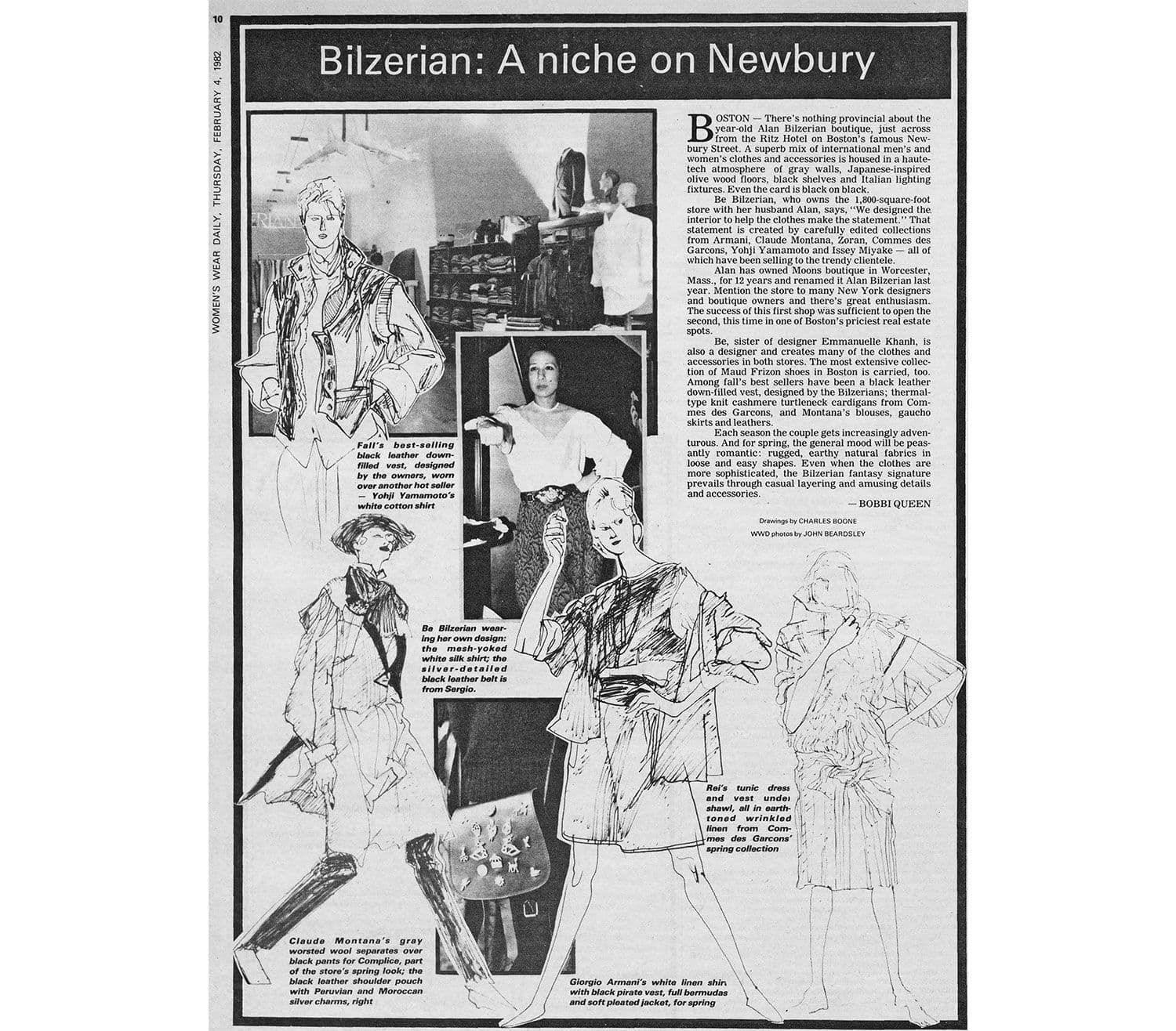 WWD / Women's Wear Daily pictures Bê Bilzerian in their Newbury store. Clothing Featured: Alan Bilzerian, Yohji Yamamoto, Comme Des Garçon.
Photography: John Beardsley
Drawings: Charles Boone
Writer: Bobbi Queen