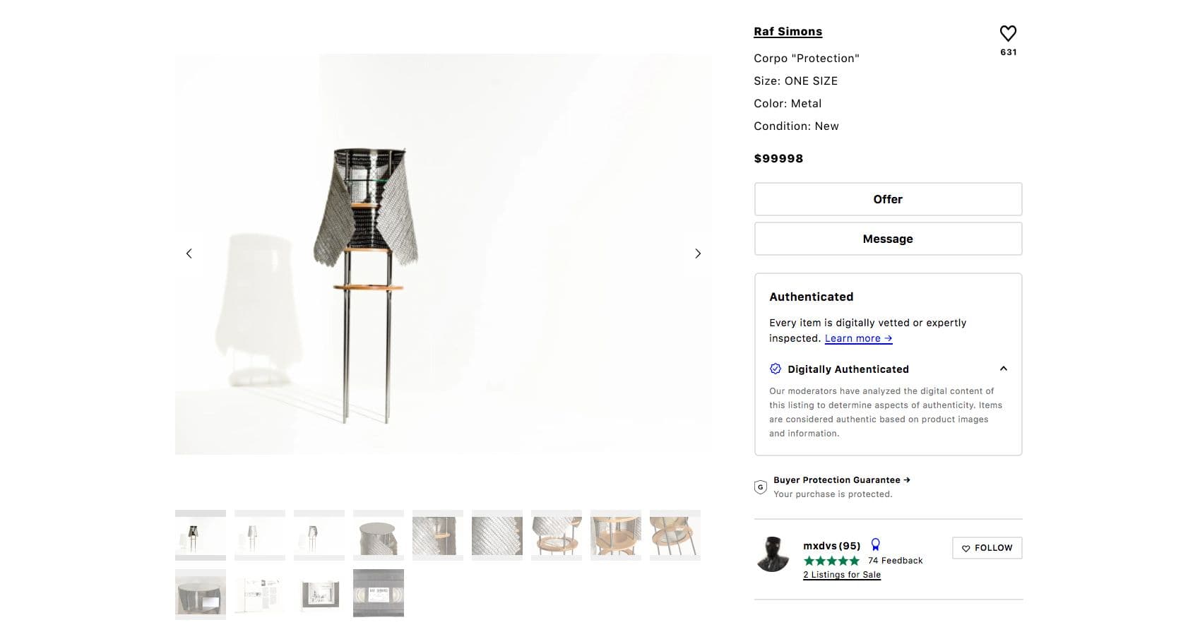 Max Reynder's Grailed Listing of Raf Simons Corpo 'Protection'. Original Source: Grailed