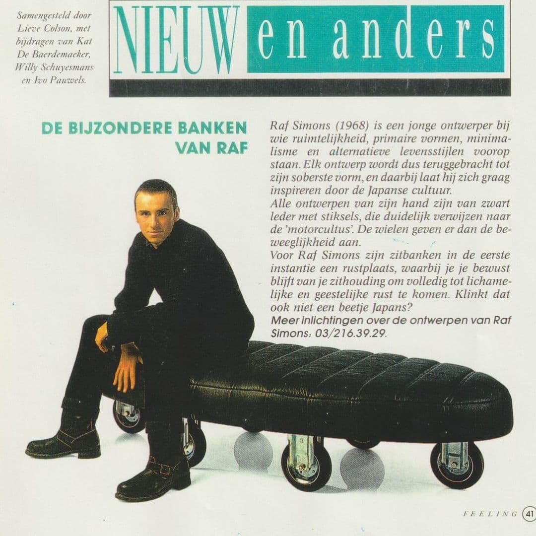 Raf Simons with his furniture work 'AGENA 2', featured in 'Nieuw en Anders', early 1990s.